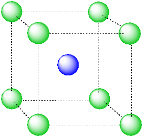 A cube with large spheres at the corners and a small sphere at the centre.