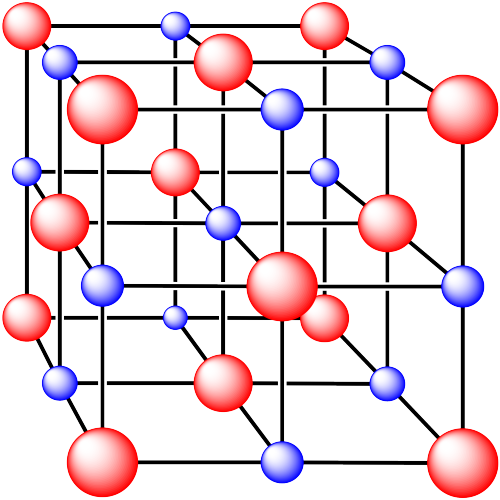 A cube with red spheres at each corner. There is a blue sphere in the center of the cube. 
There is a blue sphere midway along each edge of the cube.