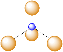 A triangle of spheres viewed from one edge. Above them is a fourth sphere. 
	There is a smaller sphere between these four spheres.