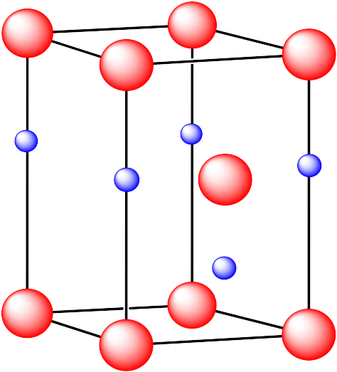 A rhombic prism with a red sphere in each corner and one displaced to the 
right of centre, with a blue sphere a third of the way down each edge and just below 
the red one in the middle.