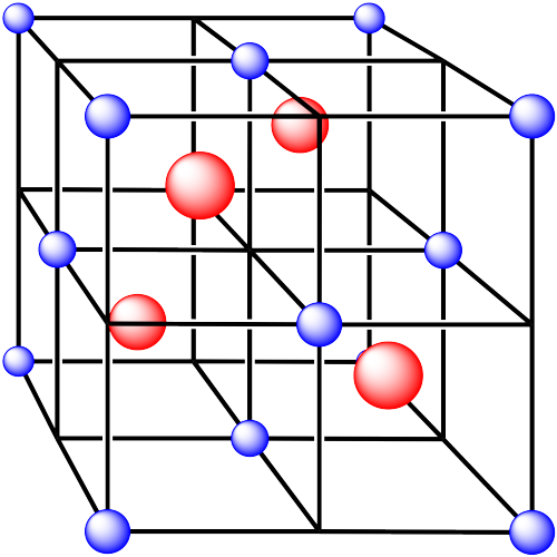 A cube with blue spheres at each corner and in the middle of each face. 
There is a red sphere in alternating octants of the cube.