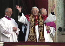Pope Benedict XVI, Joseph Ratzinger of Germany, waves to the crowd from the central balcony of St. Peter's Basilica at the Vatican Tuesday.