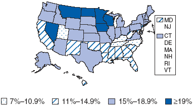 US map showing Percentage of Adults Who Reported Binge Drinking